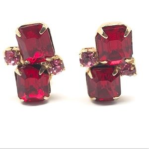 Vintage 50s Red MCM Rhinestones Clip On Earrings